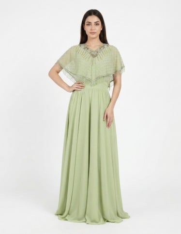 Sage Green Beaded Cape Evening Jalabiya