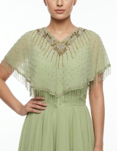 Sage Green Beaded Cape Evening Jalabiya