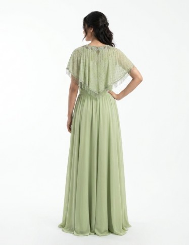 Sage Green Beaded Cape Evening Jalabiya