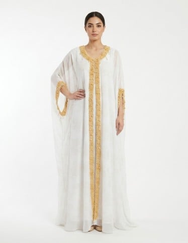 Elegant White Jalabiya with Gold Pearl Embellishments