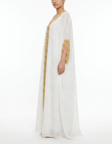 Elegant White Jalabiya with Gold Pearl Embellishments