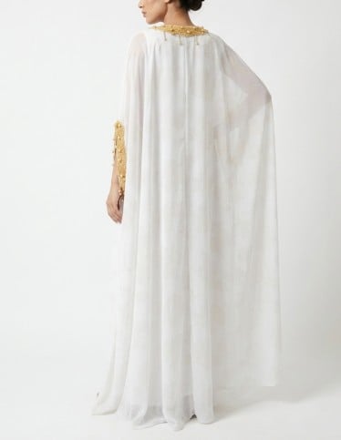 Elegant White Jalabiya with Gold Pearl Embellishments