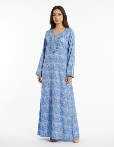 Sky Blue Patterned Jalabiya with Intricate Neck Embroidery