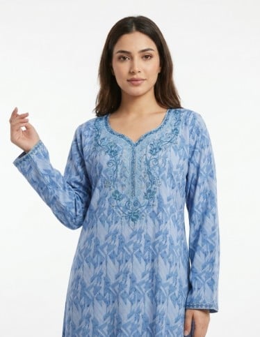 Sky Blue Patterned Jalabiya with Intricate Neck Embroidery