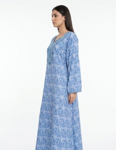 Sky Blue Patterned Jalabiya with Intricate Neck Embroidery