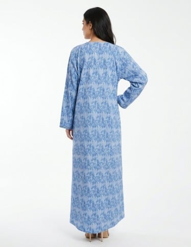 Sky Blue Patterned Jalabiya with Intricate Neck Embroidery