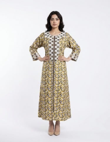 Radiant Yellow Floral Jalabiya with Hexagonal Embroidery