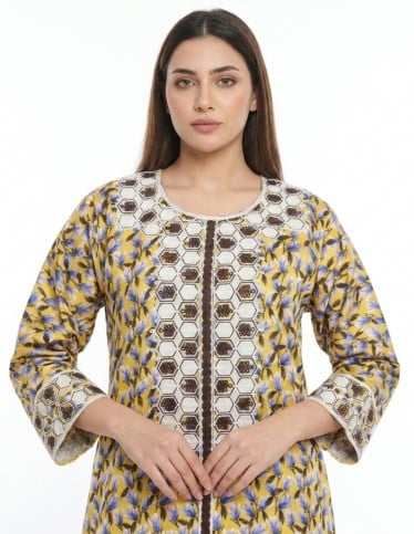 Radiant Yellow Floral Jalabiya with Hexagonal Embroidery