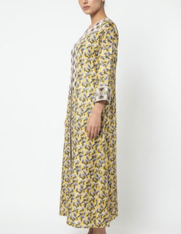 Radiant Yellow Floral Jalabiya with Hexagonal Embroidery