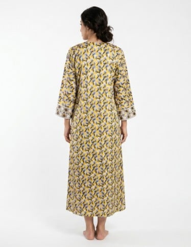 Radiant Yellow Floral Jalabiya with Hexagonal Embroidery