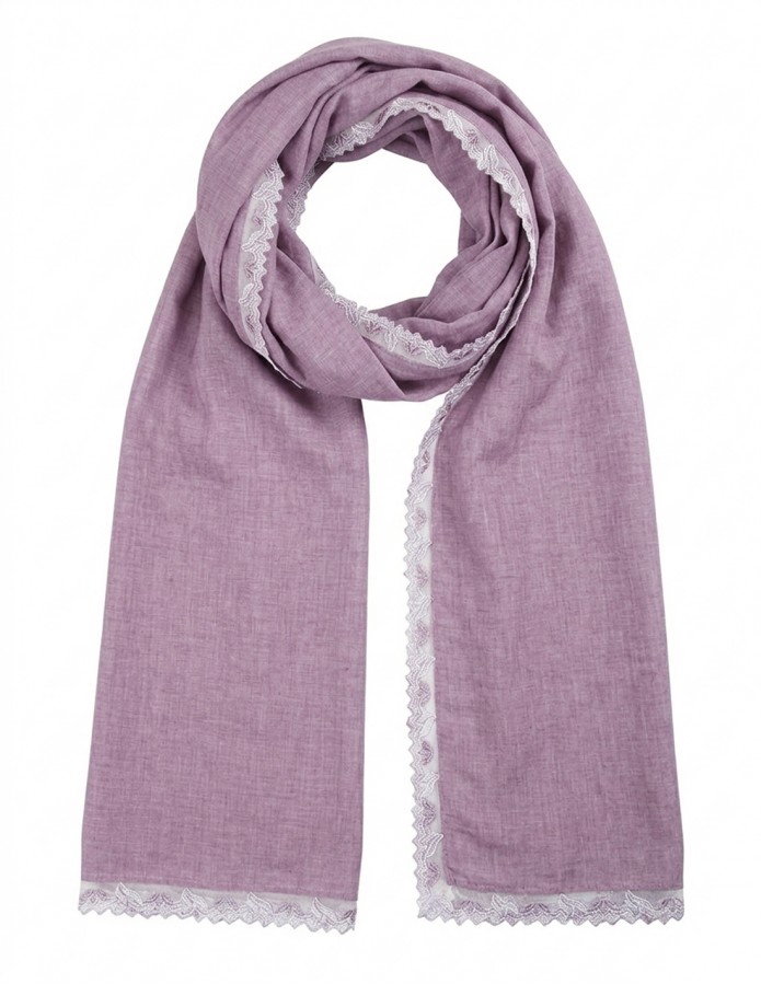 Elegant Mauve Linen Scarf with Classic Lace Embroidery