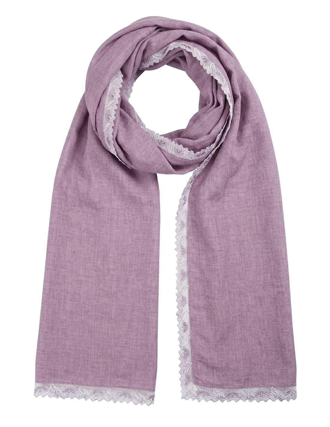 Elegant Mauve Linen Scarf with Classic Lace Embroidery