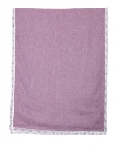 Elegant Mauve Linen Scarf with Classic Lace Embroidery