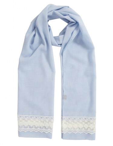 Premium Sky Blue Linen Scarf with Elegant White Lace