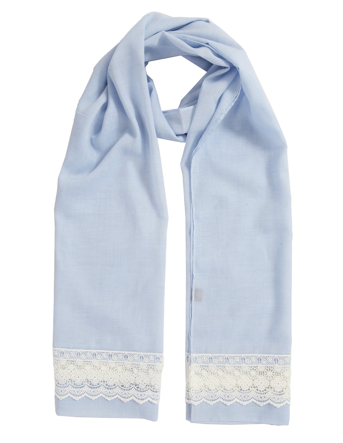 Premium Sky Blue Linen Scarf with Elegant White Lace