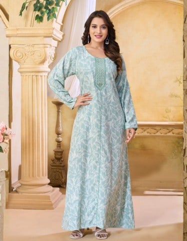 Mint Leaf Print Long Sleeve Jalabiya with Embroidery