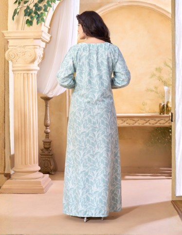 Mint Leaf Print Long Sleeve Jalabiya with Embroidery