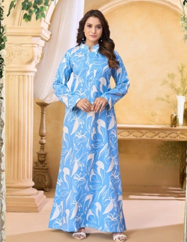 Vibrant Blue Floral Print Jalabiya with Mandarin Collar
