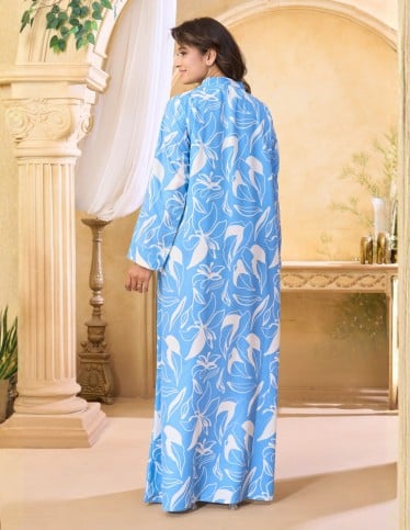 Vibrant Blue Floral Print Jalabiya with Mandarin Collar