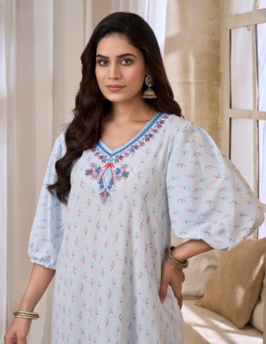 Elegant Light Blue Puffed Sleeve Jalabiya