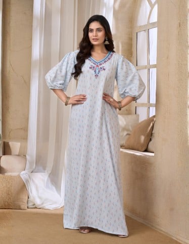 Elegant Light Blue Puffed Sleeve Jalabiya