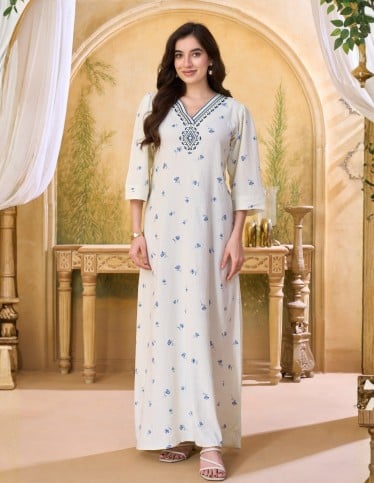 Sophisticated Cream Jalabiya with Blue Embroidery