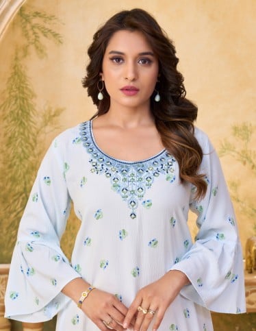 Sky Blue Bell-Sleeve Embroidered Jalabiya