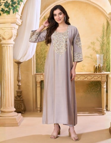 Elegant Taupe Jalabiya with Floral Embroidery