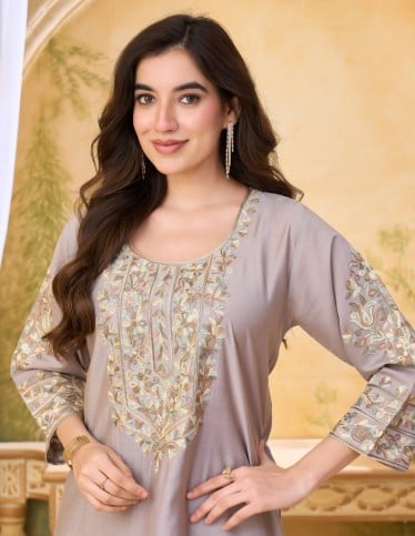 Elegant Taupe Jalabiya with Floral Embroidery