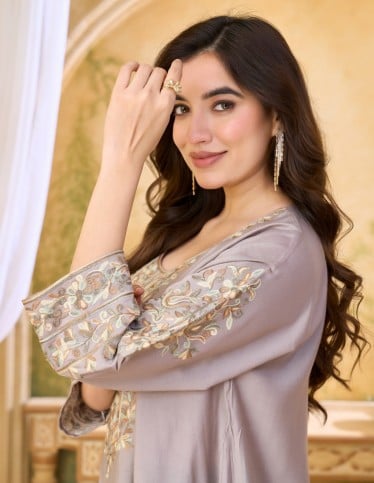 Elegant Taupe Jalabiya with Floral Embroidery