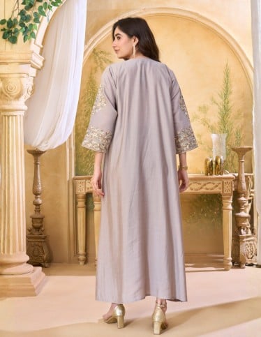 Elegant Taupe Jalabiya with Floral Embroidery