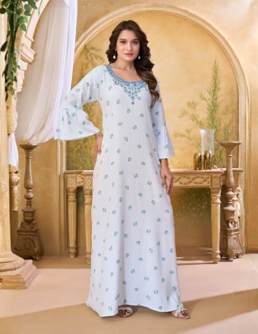 Sky Blue Bell-Sleeve Embroidered Jalabiya