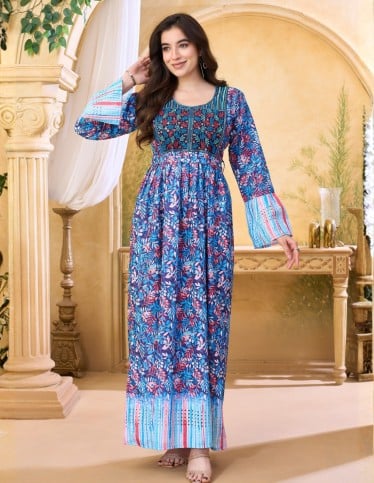 Vibrant Blue Floral Embroidered Jalabiya