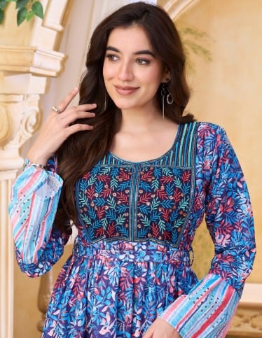 Vibrant Blue Floral Embroidered Jalabiya