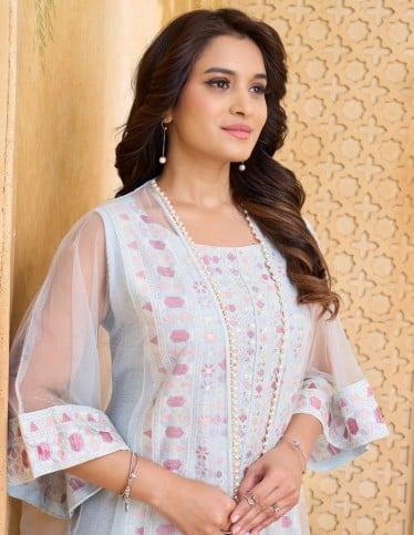 Ethereal Ice Blue Embroidered Jalabiya