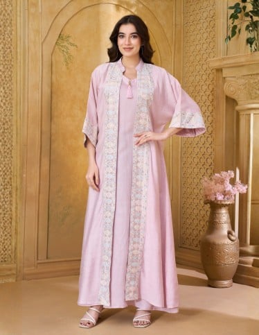 Elegant Pink Open-Front Layered Jalabiya with Tassel Detail