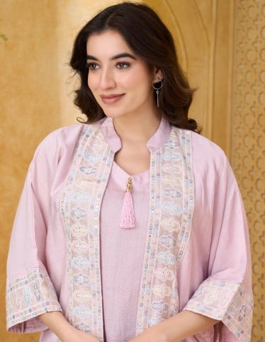 Elegant Pink Open-Front Layered Jalabiya with Tassel Detail