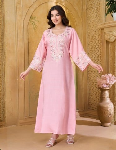 Ornate Pink Jalabiya with Geometric Embroidery