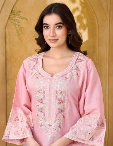 Ornate Pink Jalabiya with Geometric Embroidery