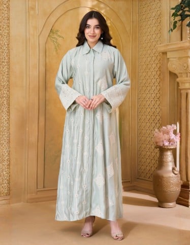 Mint Green Collared Jalabiya with White Embroidery