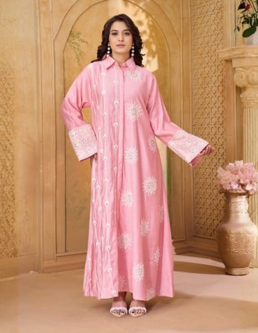 Elegant Pink Collared Jalabiya with White Embroidery