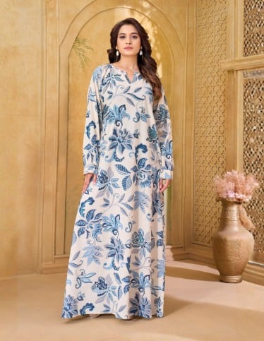 Fresh Blue and Cream Floral Print Jalabiya