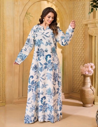 Fresh Blue and Cream Floral Print Jalabiya