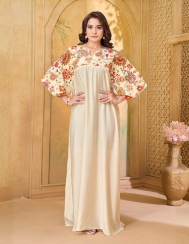 Elegant Cream Floral Embroidered Jalabiya