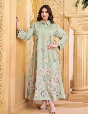 Sage Green Floral Embroidered Shirt-Style Jalabiya
