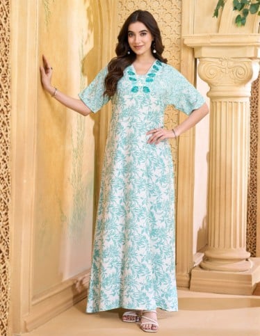 Mint Green Floral Printed Jalabiya with Embroidered Neckline