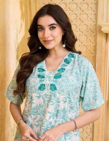 Mint Green Floral Printed Jalabiya with Embroidered Neckline