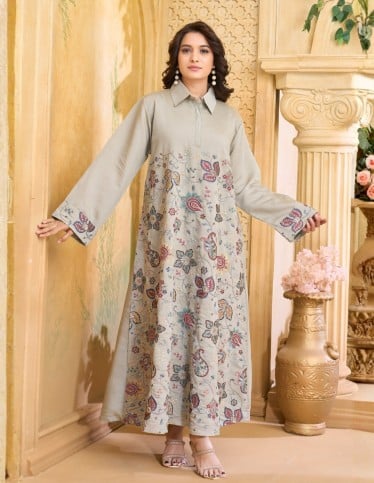 Sage Grey Embroidered Jalabiya with Shirt Collar
