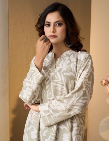 Women's White Leaf Print Jalabiya - Sage Beige