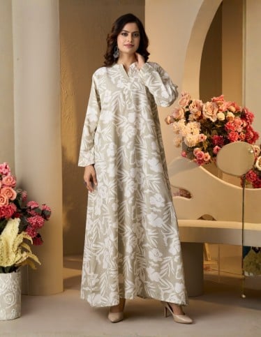 Women's White Leaf Print Jalabiya - Sage Beige